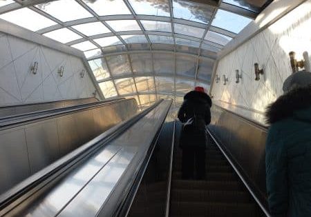 Escalators at the Rohat Tashkent Metro station on the Circle Line; These are not among the units currently being replaced; photo by Khasan axim1 for Wikipedia. 