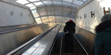 Escalators at the Rohat Tashkent Metro station on the Circle Line; These are not among the units currently being replaced; photo by Khasan axim1 for Wikipedia. 