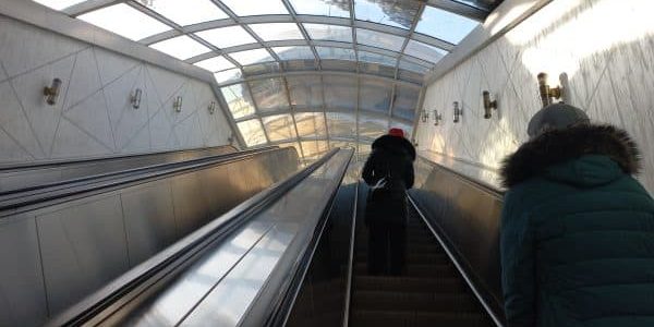 Escalators at the Rohat Tashkent Metro station on the Circle Line; These are not among the units currently being replaced; photo by Khasan axim1 for Wikipedia. 