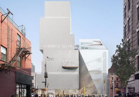 The addition contrasts with the original structure resembling stacked boxes and completed in 2007; image by OMA via Instagram.