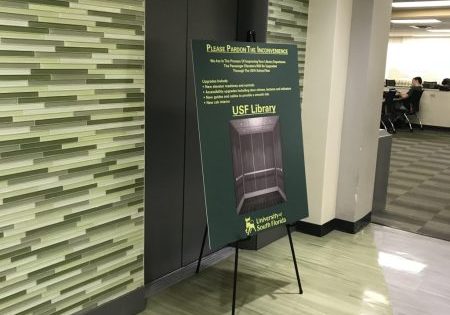 USF library elevator during a past modernization; photo courtesy of The Oracle