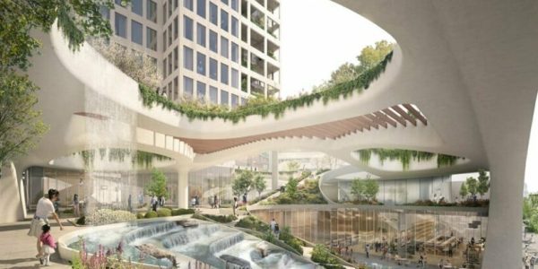 The design includes a lushly landscaped public podium with water features near the base; image courtesy of ODA. 